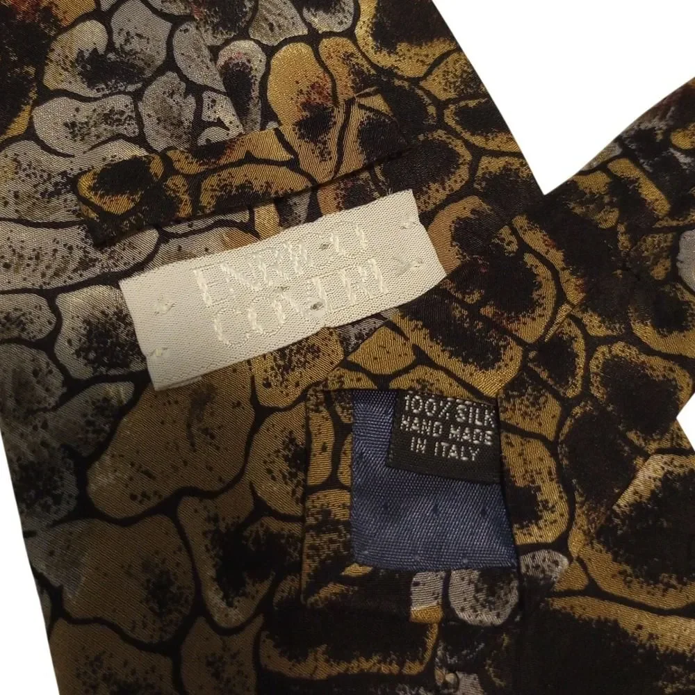 Enrico Coveri Mens Silk Tie Gold Grey Abstract Pebble Print Hand‎ Made in Italy